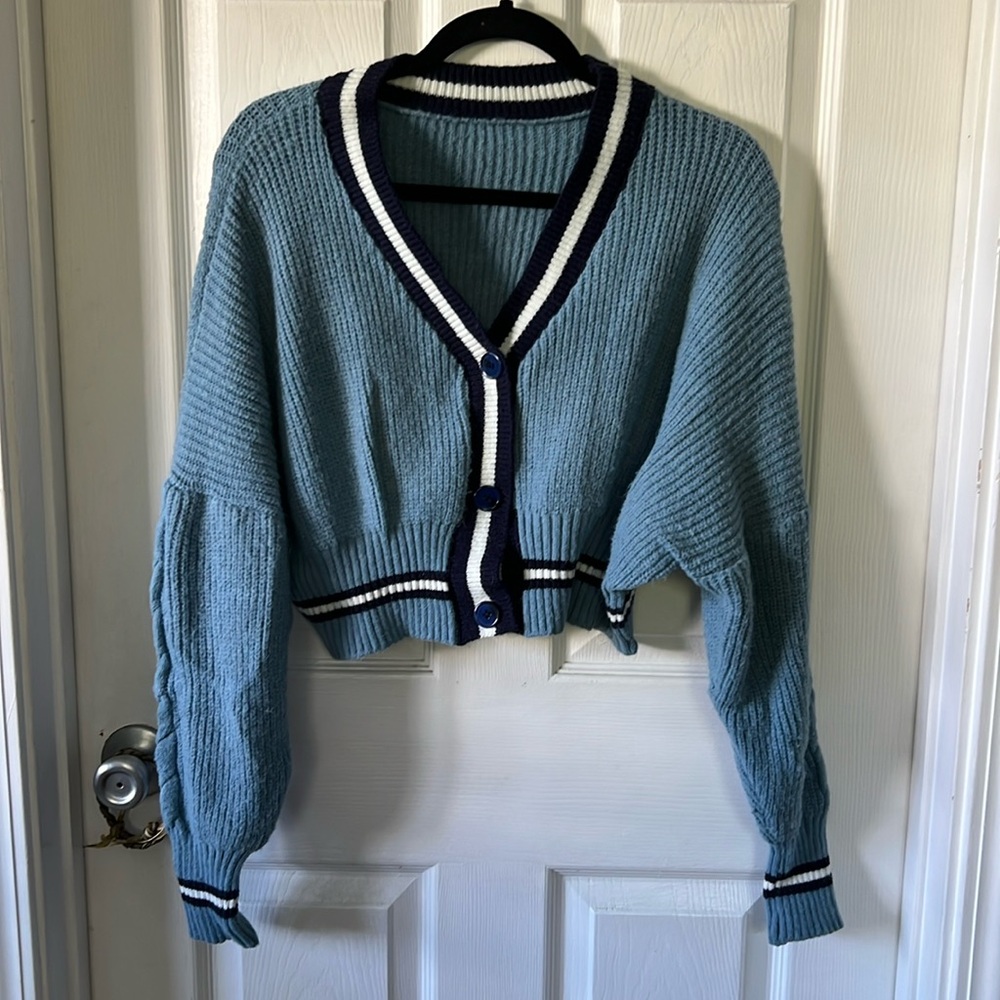 blue buttoned cardigan